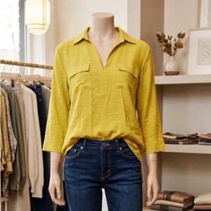 Notations Chartreuse Collared V-Neck Blouse